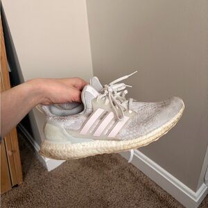 Pink and white polka dot adidas ultraboost